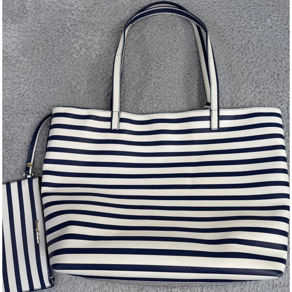 Tommy Bahama Floral Stripe Tote W/Pouch Navy White Faux Leather Travel Beach 90s - Picture 9 of 16
